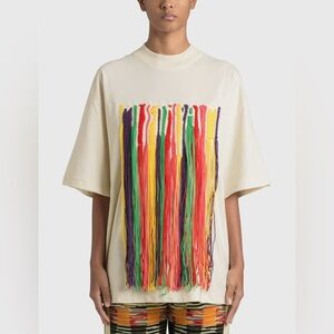 Palm Angels X Missoni Cream Crewneck Tee with coloured yarn fringe